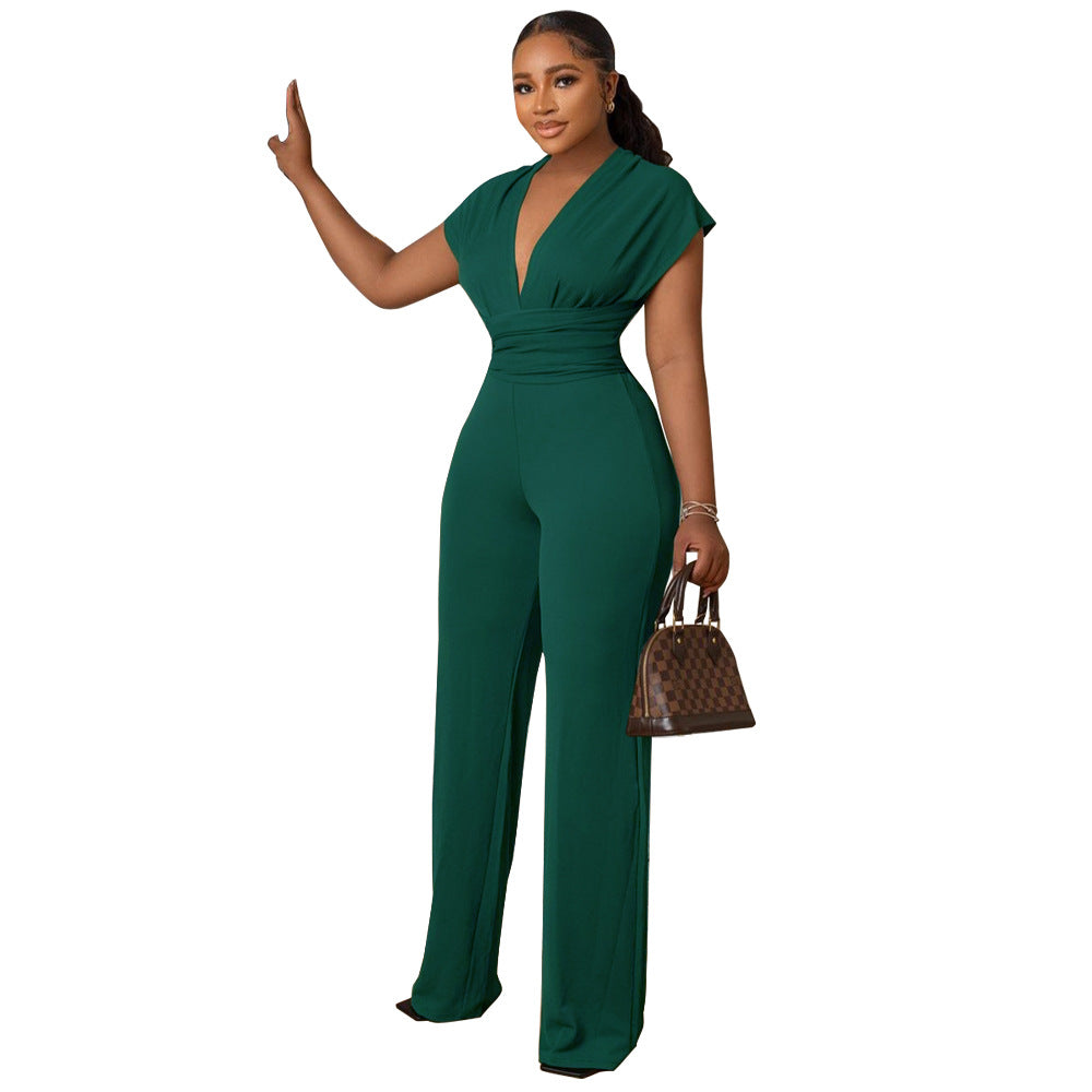 Low Cut Solid Color Waist Tight Women Jumpsuit