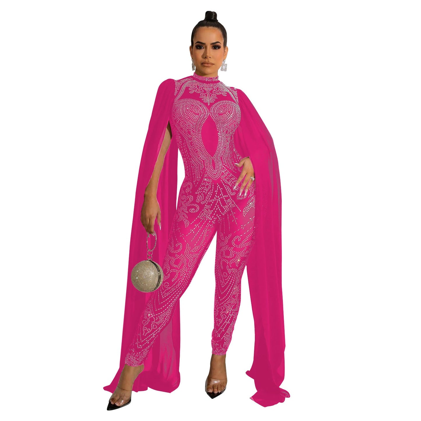 Autumn Winter Women Clothing Sexy Mesh Rhinestone See through Nightclub Jumpsuit Women