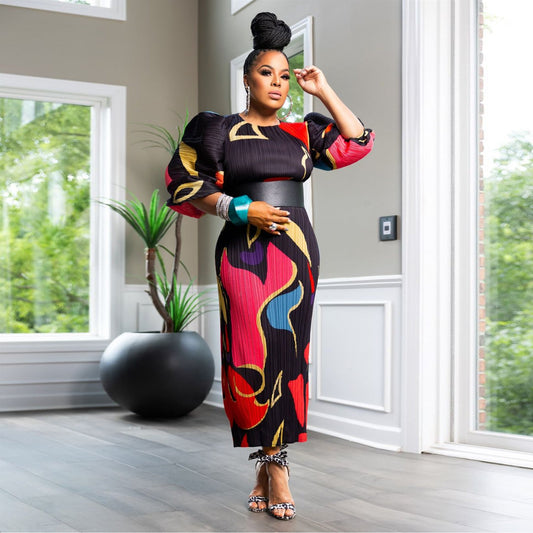 Women Wear Lantern Sleeve Pleated Dress