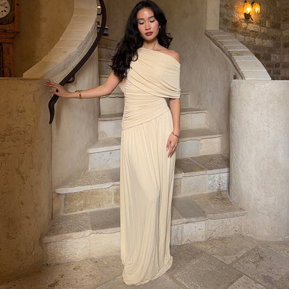 Summer Women Clothing Elegant One Shoulder Cold Shoulder Waist Tight Long Solid Color Dress