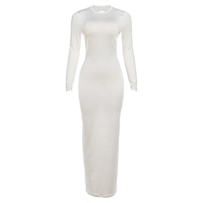 Fall Women Clothing Solid Color Slim Fit Sexy Backless Personality round Neck Long Sleeved Dress