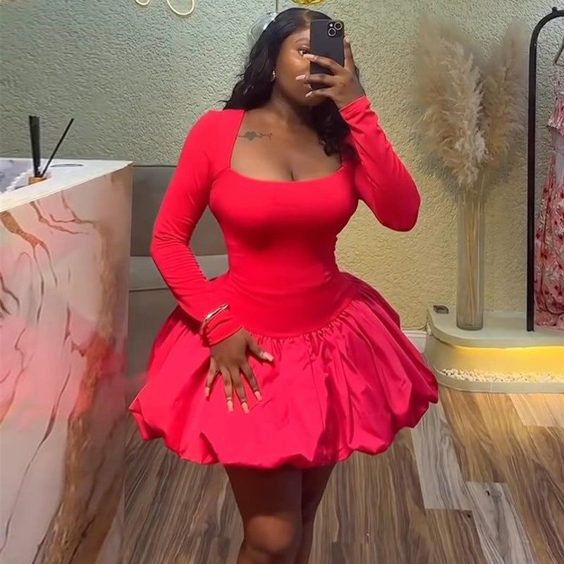 Vestido ajustado de manga larga y color liso con cuello cuadrado para mujer