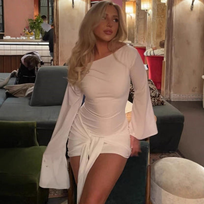 Autumn Winter Graceful Fashionable Solid Color Women Shoulder Waist Controlled Lace up Sheath Dress