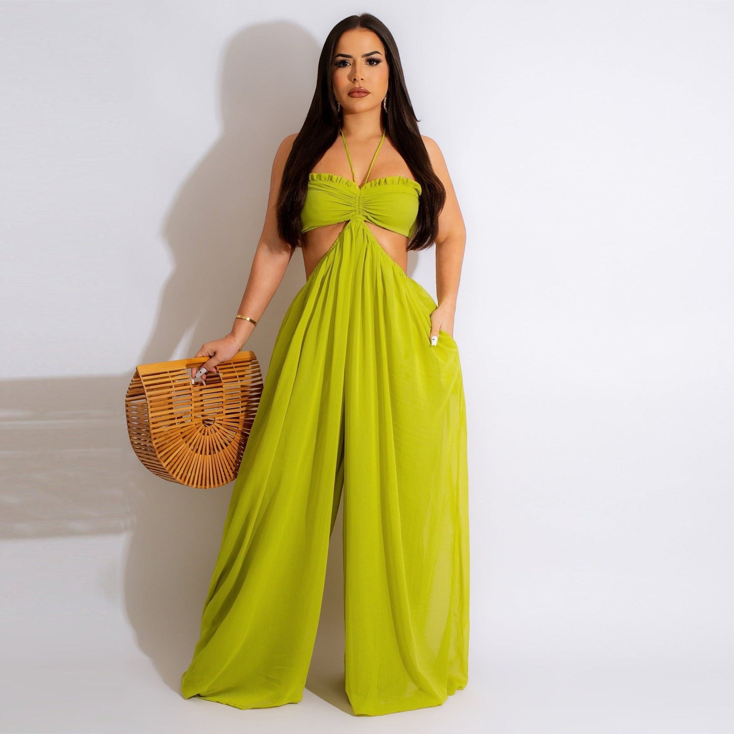Source Sexy Chiffon Chest Wrapped Bare Back Wide Leg Jumpsuit Women Clothing
