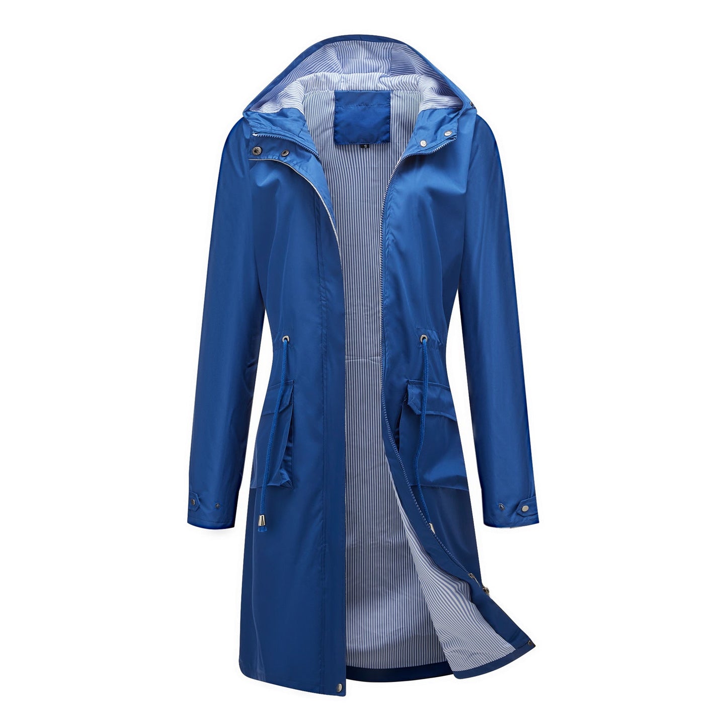 Spring Autumn Long Casual Trench Coat Women Waterproof Hooded Solid Color Top Striped Lining Straight Coat