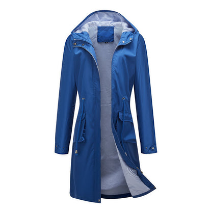 Spring Autumn Long Casual Trench Coat Women Waterproof Hooded Solid Color Top Striped Lining Straight Coat