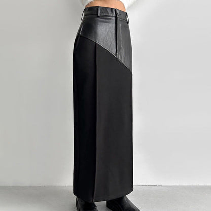 Falda de mujer estilo retro con costuras de piel sintética y largo medio, cintura alta y abertura en la cadera.