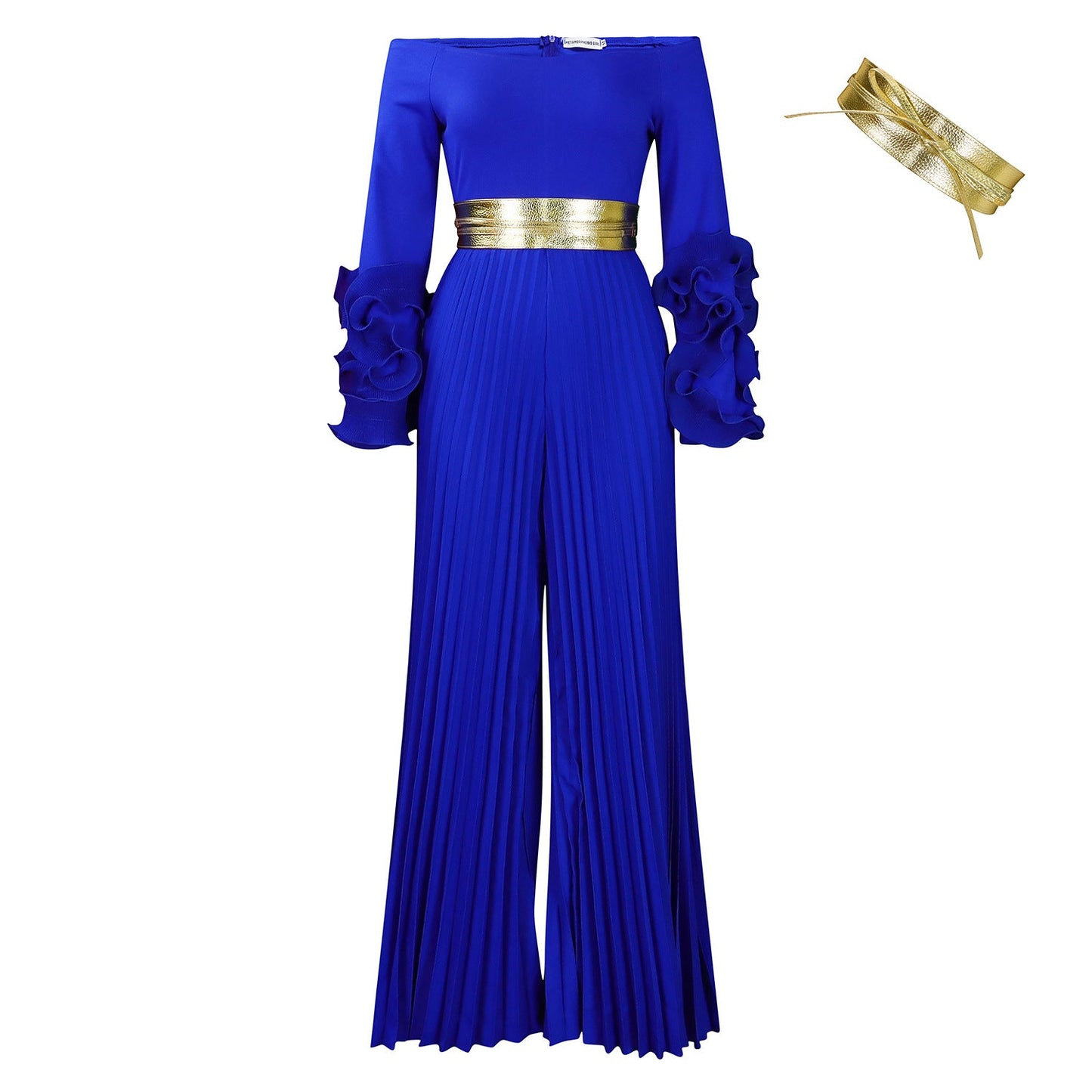 Off Neck Ruffle Sleeve Solid Color Pleated Wide Leg Jumpsuit