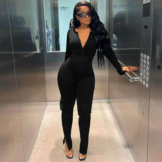 Fall Women Clothing Sexy Thread Tied High Waist Trousers Casual Tight Jumpsuit