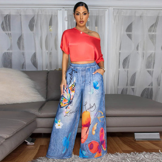 Women Clothing Russia Europe Printed Wide Leg Pants Casual Women Pants