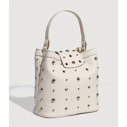 Bolso retro con remaches sexy, bolso de mano estilo locomotora, bolso estilo cubo punk moderno, bolso bandolera con cadena 