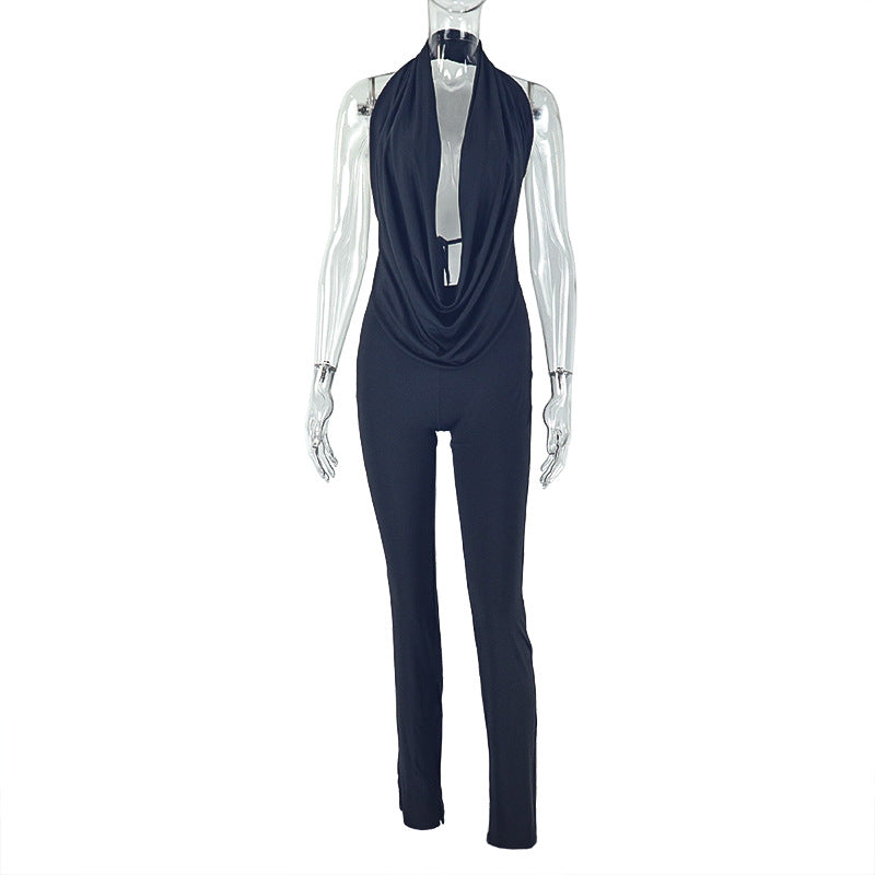 Halter Swing Collar Solid Color Commuting Pants Set Backless Lace up Top Tight Trousers Two Piece Set