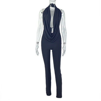 Halter Swing Collar Solid Color Commuting Pants Set Backless Lace up Top Tight Trousers Two Piece Set