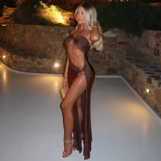 Vestido de verano sexy con encaje y aberturas decorativas de metal para mujer