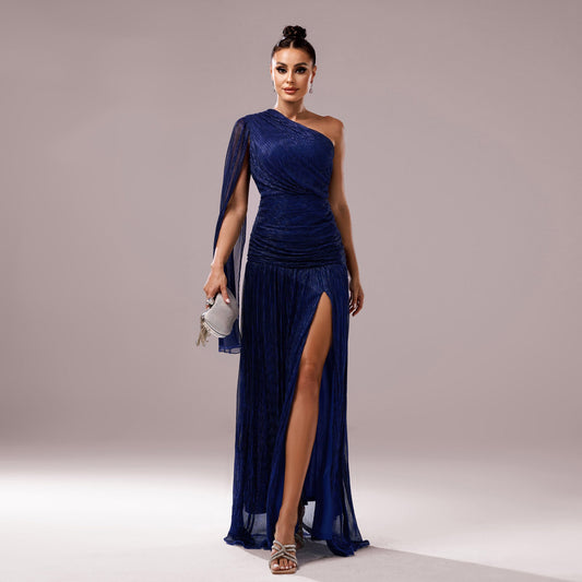Women Clothing Premium One Shoulder Diagonal Collar Long Sleeve Slim Fit Slit Cocktail Evening Dress