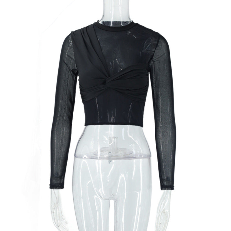 女士性感圓領透視網紗長袖拼接小眾女孩露臍上衣