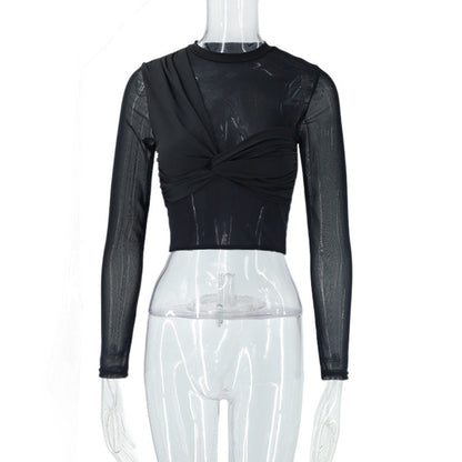 女士性感圓領透視網紗長袖拼接小眾女孩露臍上衣