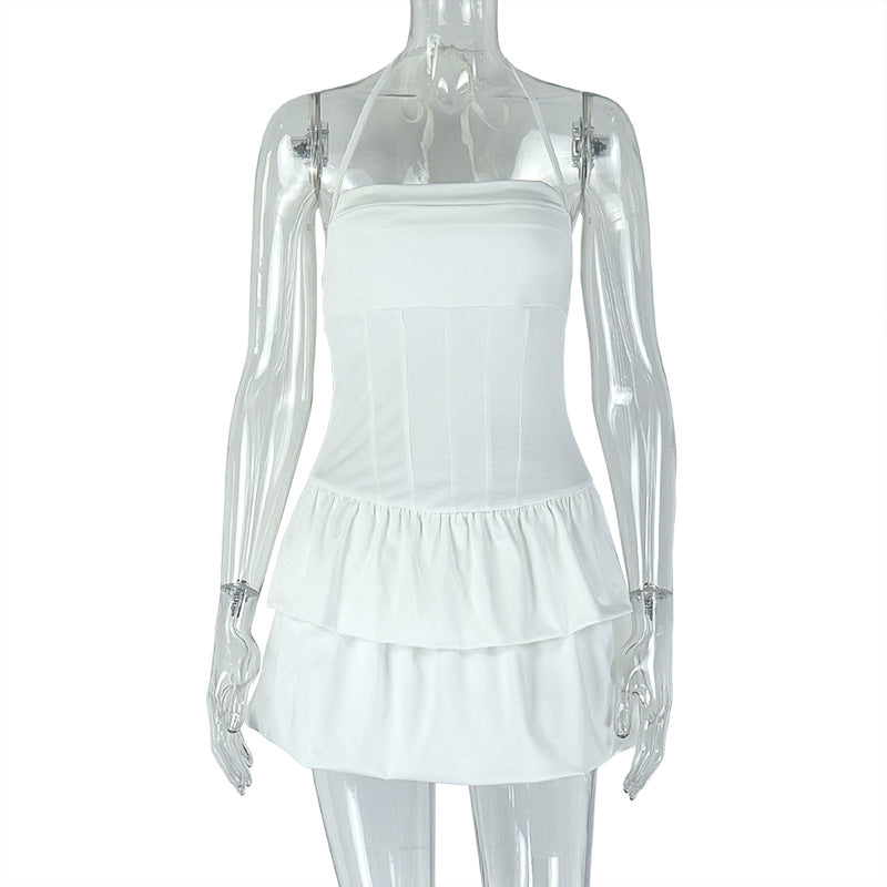 Elegante vestido sexy sin espalda plisado línea A cuello halter hombros descubiertos ropa fresca y sencilla para mujer