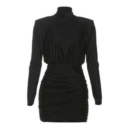 Vestido sexy ajustado de otoño con cuello alto, manga larga, corto y estrecho, color liso