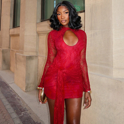 女士秋季純色鏤空露肩性感蕾絲長袖緞帶短裙