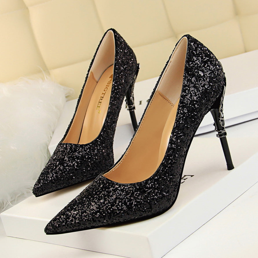 Sexy Nightclub Women Shoes Metal Heel Stiletto Heel Shallow Mouth Pointed Sequined Shoes