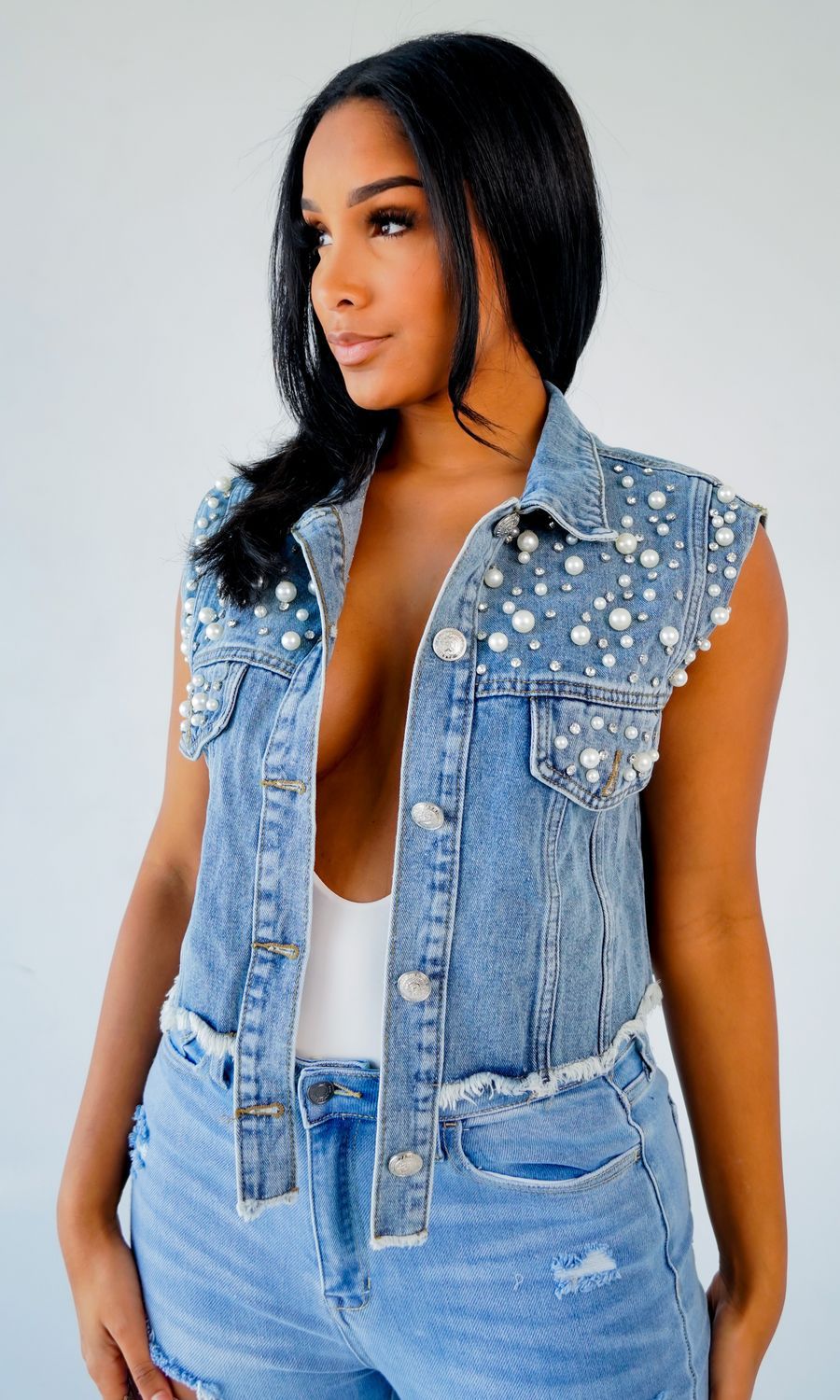 Beads Rhinestones Denim Vest Coat Denim Shawl Women