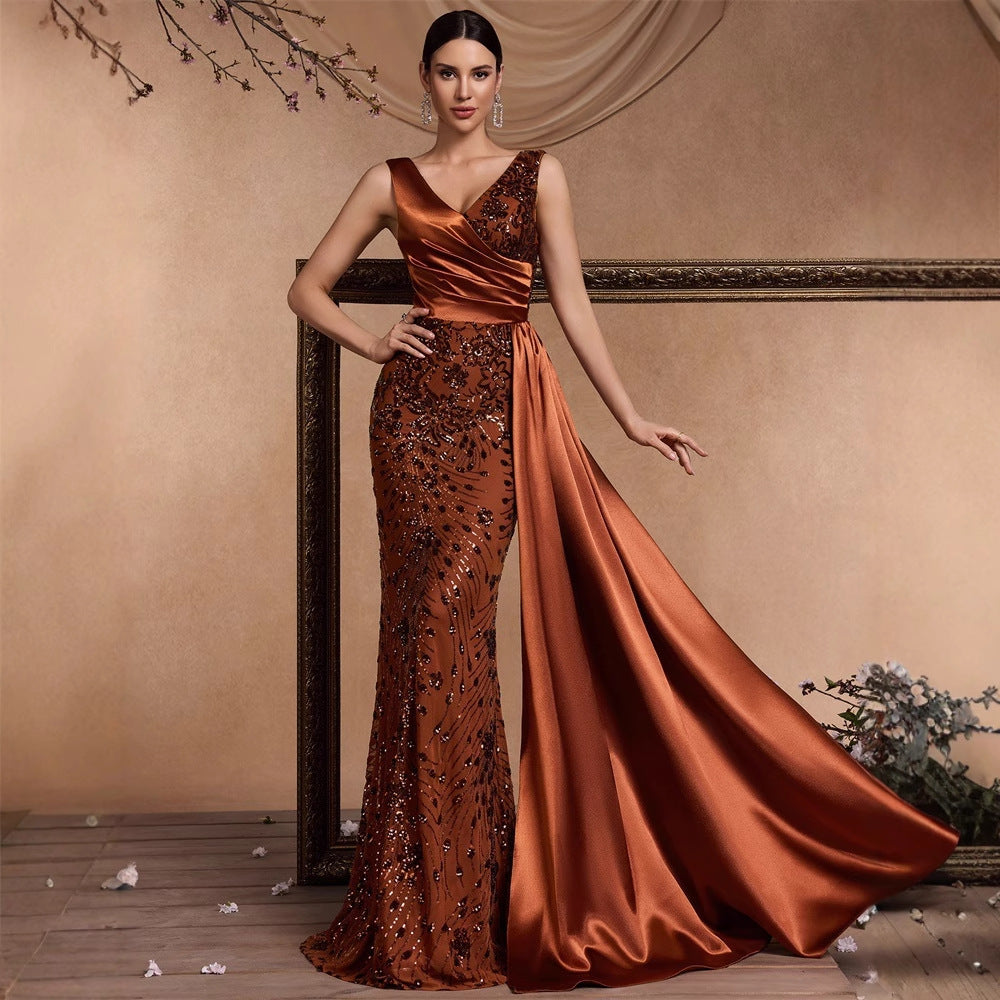 Elegant Sequin Stitching Fit V neck Sleeveless Elegant Gorgeous Noble Cocktail Party Formal Dinner Dress