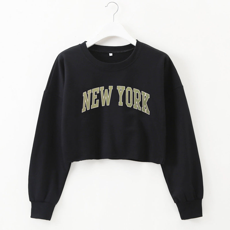 Women Clothing Autumn Winter York Letter Graphic Printing Short Loose Long Sleeves Sweatshirt