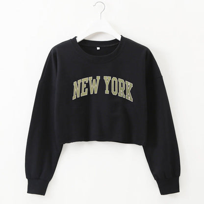 Women Clothing Autumn Winter York Letter Graphic Printing Short Loose Long Sleeves Sweatshirt