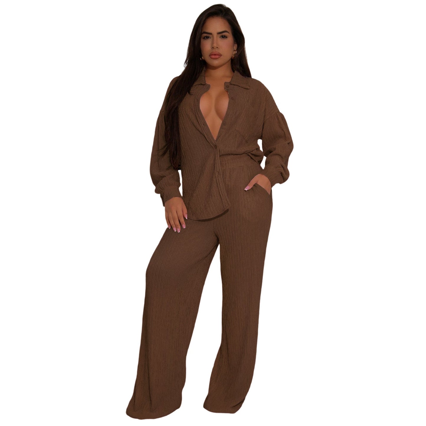 Women Elastic Crumpled Lace up Multi Pocket Swing Pants Wide Leg Pants Two Piece Sets