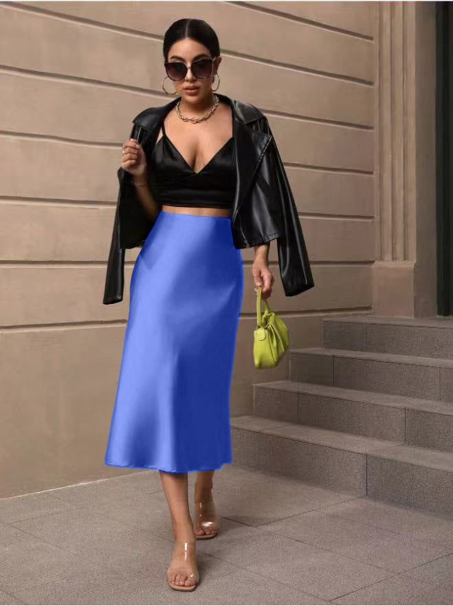 Hip Wrapped Fishtail Skirt Satin Mid Length Skirt Autumn Women Clothing Direct