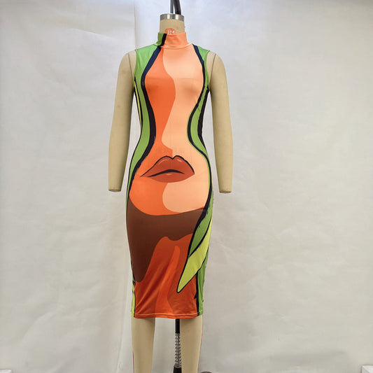 Women Clothing Casual Turtleneck Sleeveless Body Lip Printings Slim Dress Women