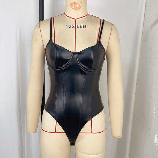 Slimming Clothes Sexy Sling Waist Slimming Solid Color Faux Leather Jumpsuit Fitness Exercise