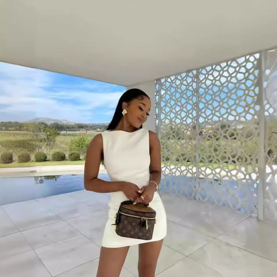 Dress Summer White Slim round Neck Sleeveless Short