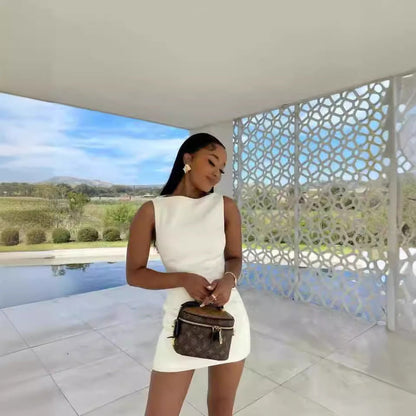 Dress Summer White Slim round Neck Sleeveless Short