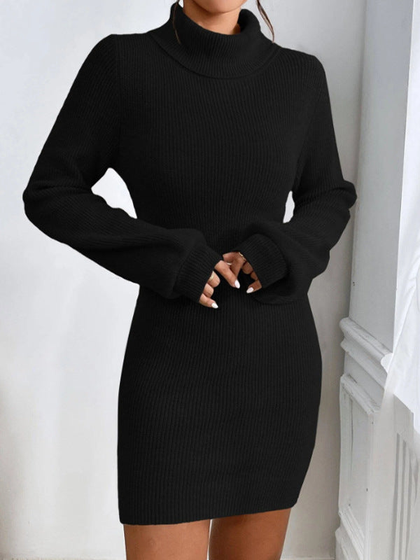 Women Clothing Woolen Dress Simple Thin Knitted Turtleneck Solid Color Sheath Knitted Dress