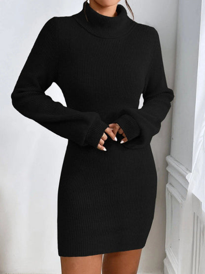 Women Clothing Woolen Dress Simple Thin Knitted Turtleneck Solid Color Sheath Knitted Dress