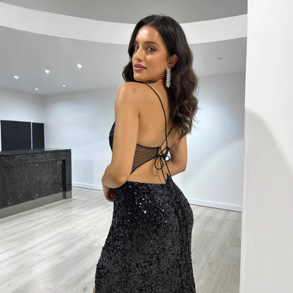 Sequined Split Sexy Sling Dress Waist Controlled Cocktail Dress Slim Fit Maxi Dress
