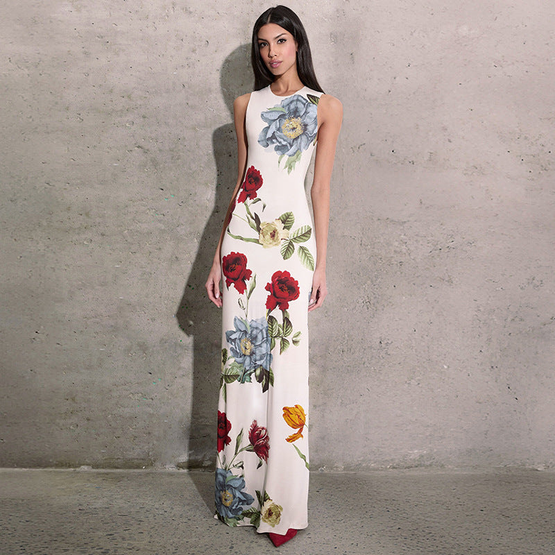 Fashionable Elegant round Neck Sleeveless Pullover Plant Floral Print Slim Fit Maxi Dress