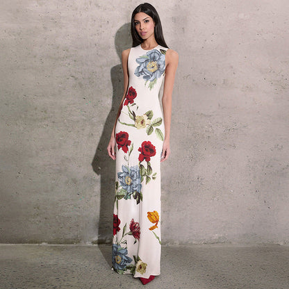 Fashionable Elegant round Neck Sleeveless Pullover Plant Floral Print Slim Fit Maxi Dress
