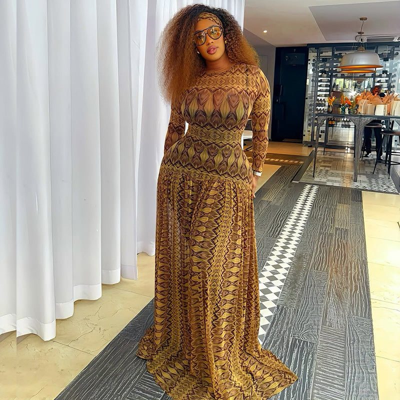 Elegant Retro Women Waist Slimming Micro Transparent A line Printing round Neck Long Sleeved Dress