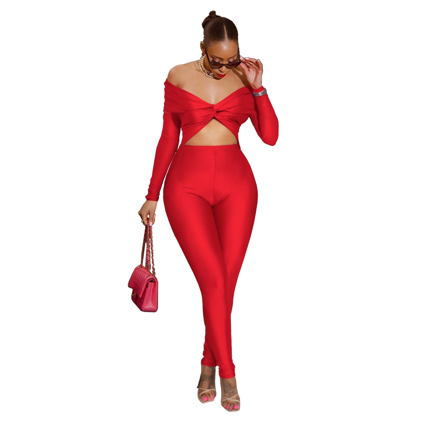 Women Clothing Collared Twist Hollow Out Cutout Cropped Sexy High Waist Long Sleeve Jumpsuit