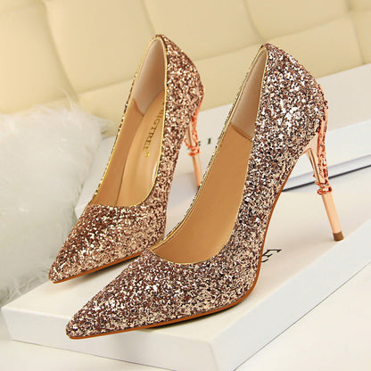 Sexy Nightclub Women Shoes Metal Heel Stiletto Heel Shallow Mouth Pointed Sequined Shoes