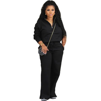 Women Clothing Autumn Winter Solid Color Loose Zip Drawstring Pants Sports Two Piece Set