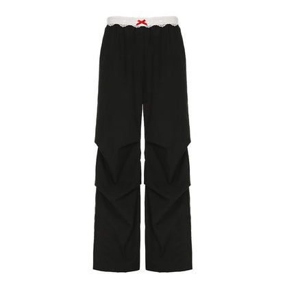 Pantalones de verano para mujer, de pierna ancha, con cintura alta, de encaje y costuras urbanas