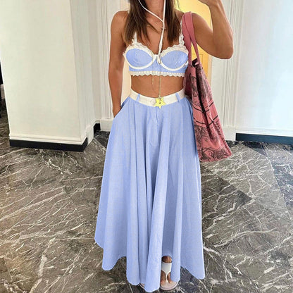 Early Spring Lace Splicing Sling Vest Sexy Women Clothing High Waist Big Swing Skirt Two Piece Set