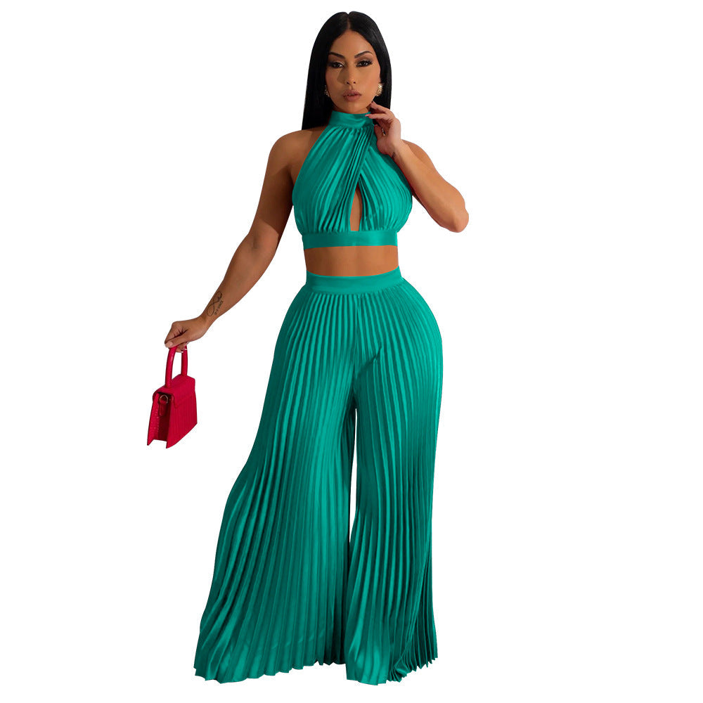 Women Clothing Halter Backless Artificial Silk Pleated Wide Leg Pants Two Piece Set