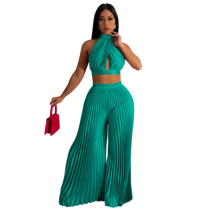 Women Clothing Halter Backless Artificial Silk Pleated Wide Leg Pants Two Piece Set