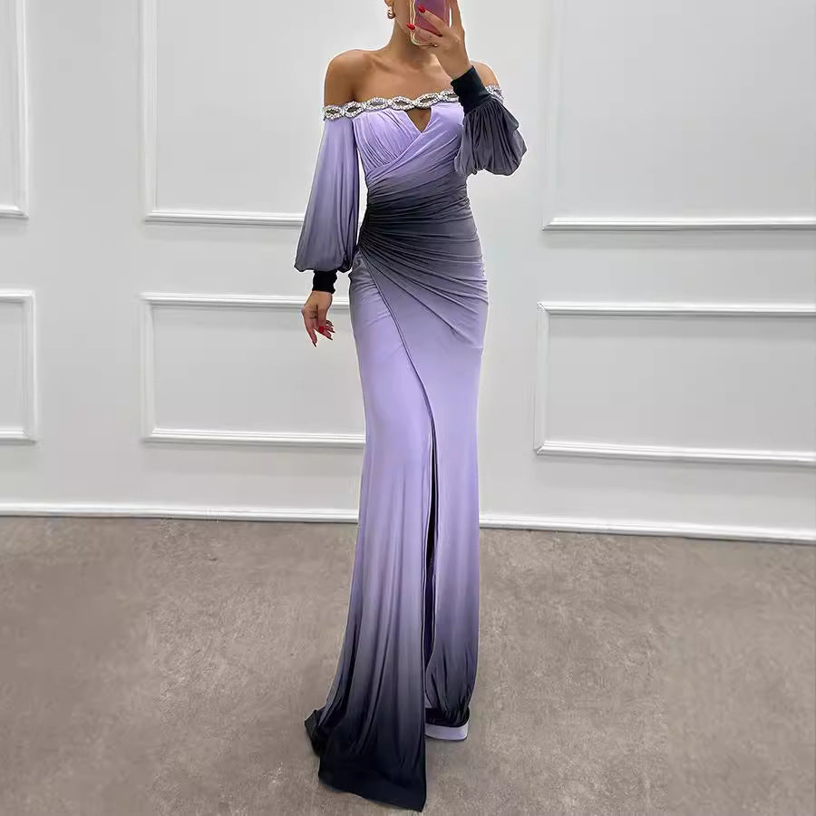 Vestido de fiesta informal con estampado de manga larga y hombros descubiertos para otoño e invierno para mujer