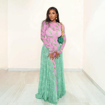 Autumn Retro Women Mesh round Neck Contrast Color Loose Waist Controlled Long Sleeves Printing Dress